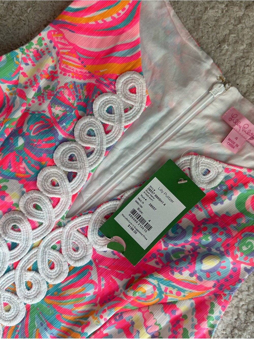 Lilly Pulitzer Women's Neon Pink & Turquoise Swirl Dress with White Trim